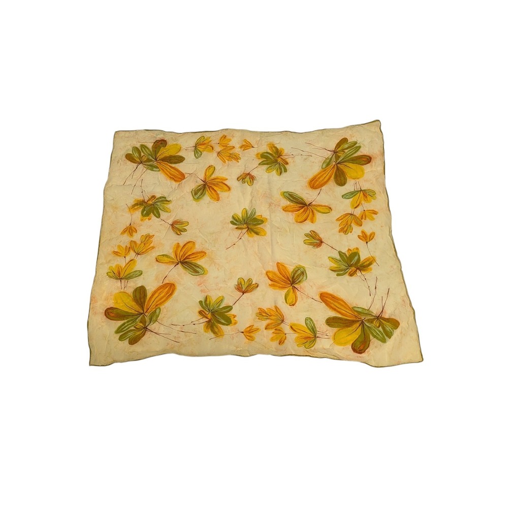 VTG Hand Painted Silk Scarf Botanical Leaf Chartreuse Earth Tone MCM Hand Roll